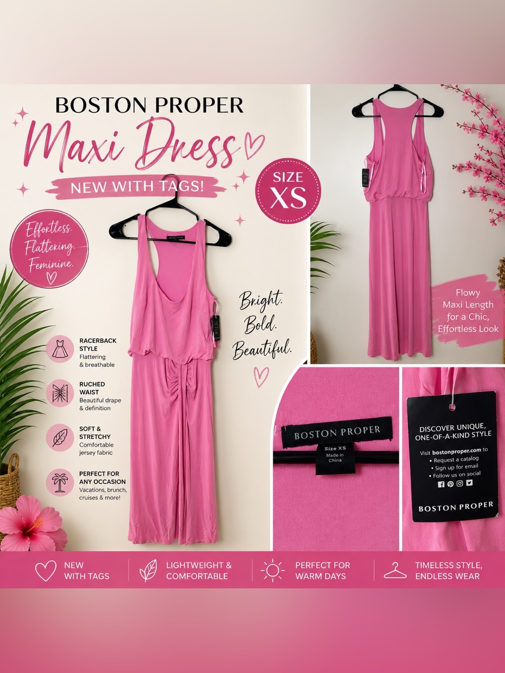 Boston Proper Bright Pink Racerback Maxi Dress